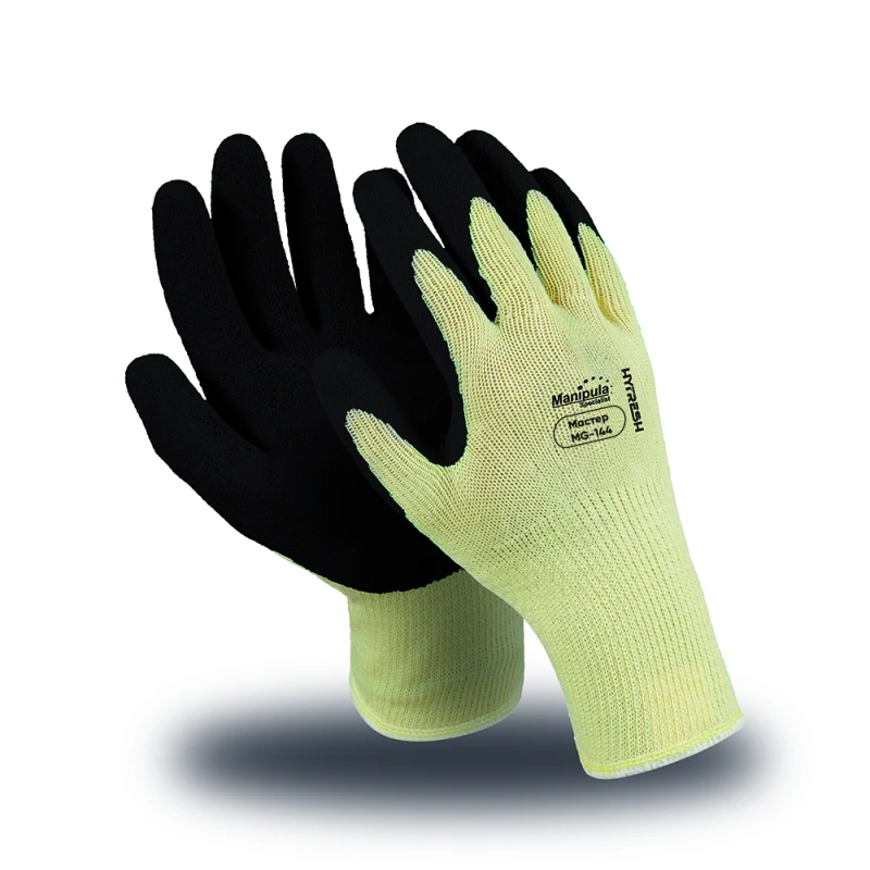 Перчатки МАСТЕР (MG-144), полиэфир, латекс частичный, оверлок, цвет желто-черный (РФ) Пер 769