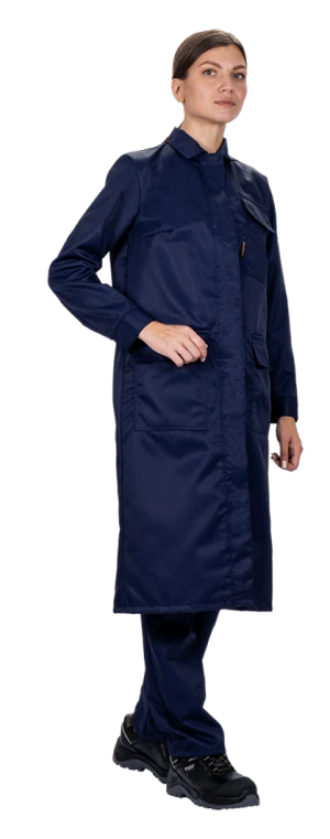 Комплект женский от растворов кислот и щелочей, механических воздействий, (халат, брюки), темно-синий