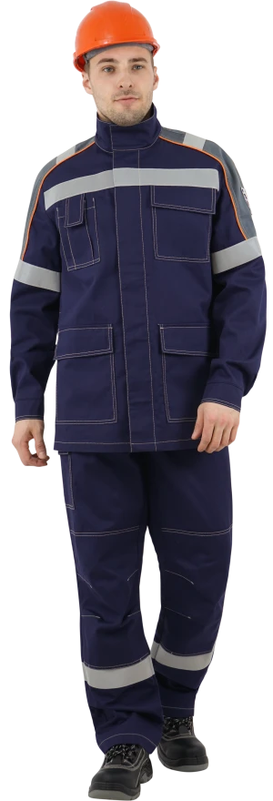 Костюм мужской МЕГАСТАТОЙЛ  от нефтепродуктов, кратковременного воздействия пламени, статического электричества, темно-синий/серый/оранж